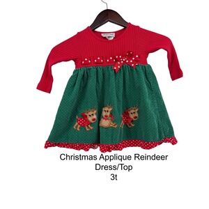 Rare Too Christmas Applique Reindeer Dress Top Red Green Polka Dot 3T